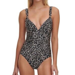 CALVIN KLEIN Women's Animal Print Full Stretch Deep V Neck One Piece Swimsuit